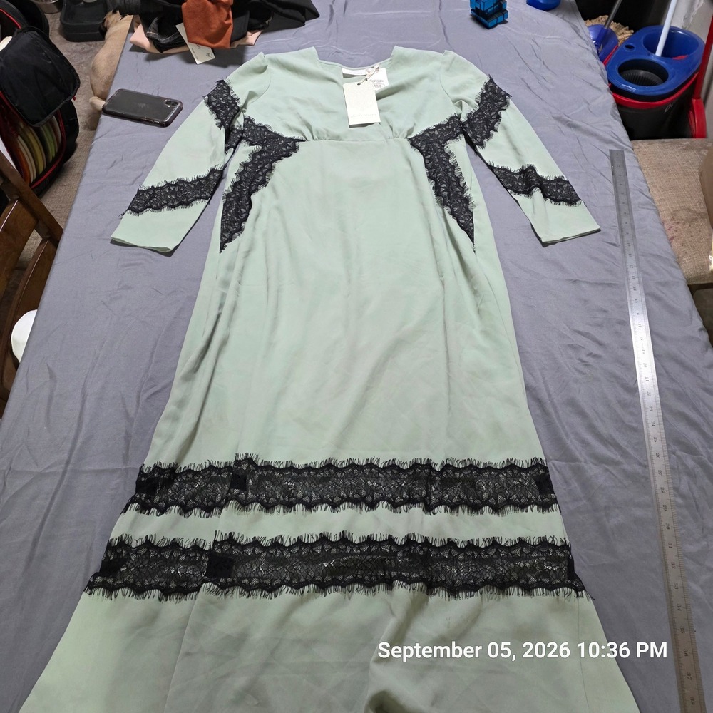 LaBellum Hillary Scott Sage Green Lace Trim Maxi Dress Size 12 NWT